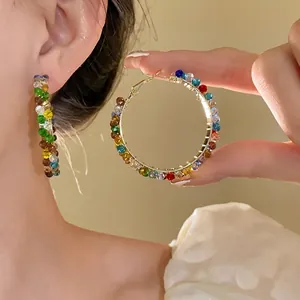 Bohemian colorful crystal beaded large hoop earrings for women stylish fashion jewelry