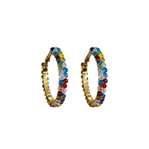 Vibrant bohemian style gold-plated hoop earrings with multi-colored faceted crystals