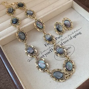 Close-up of vintage oval dark resin necklace and earrings set in a jewelry box