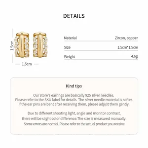 Detail view of 18K gold plated zircon hollow hoop earrings with product dimensions