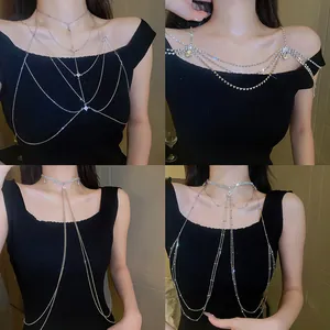 Westliche Mode Geometrische Legierung Zirkonia Körperkette Für Damen Silber Mehrlagige Brustkette Schulter Schmuck Premium Accessoires