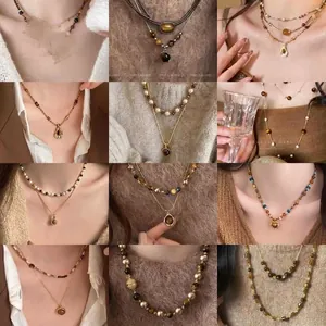 Collier Pendentif Ovale en Pierre Œil de Tigre Fait à la Main pour Femme Chaîne de Pull Ethnique Rétro avec Perles Bijoux Plaqués