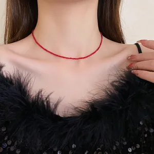 Minimalist red beaded choker necklace for women in new Chinese style on an Asian model