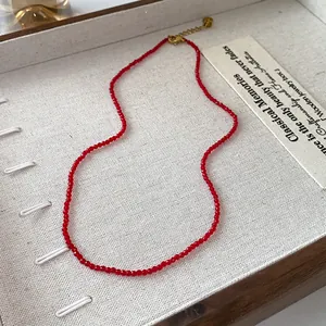 Vintage style minimalist red beaded choker necklace with gold adjustable clasp