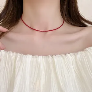 Elegant minimalist red beaded choker necklace for women in retro Asian style
