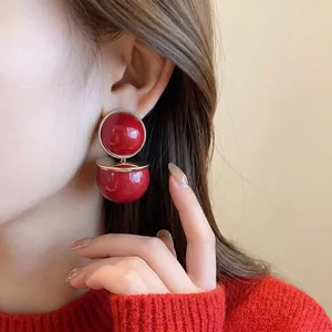 Vintage Ankara Red double circular stud earrings with elegant gold-plated metallic trim