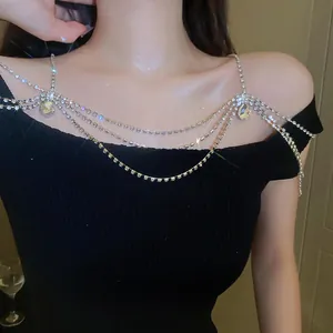 Elegant multi-layer rhinestone body chain with pear-shaped zircon drops in silver finish