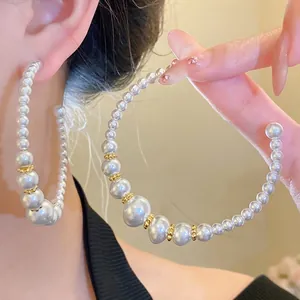 Orecchini a Cerchio Vintage in Perle Artificiali a Forma di C Con Perno in Argento Sterling 925 Perline Distanziatrici Oro Donna