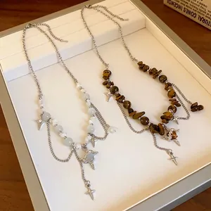 Vintage Titanium Steel Irregular Tiger Eye Cat's Eye Stone North Star Pendant Necklace For Women Retro Clavicle Chain Jewelry