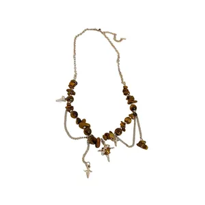 Vintage stainless steel necklace with irregular tiger eye stones and star pendants