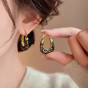 Vintage Leopard Print Square Hoop Earrings Alloy Drip Oil Maillard Style Elegant Gold Silver Post For Women Fashion Jewelry