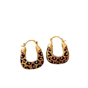 Vintage leopard print square hoop earrings with gold finish and enamel details