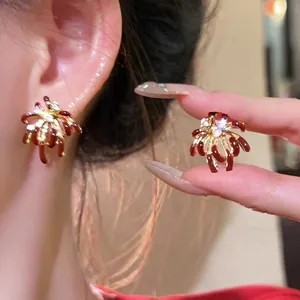 Elegant New Chinese red enamel carp stud earrings with sparkling zircons for festive occasions