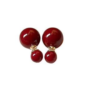 Elegant festive red double pearl earrings with high-gloss finish for women