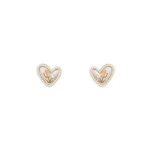 Eleganti orecchini a lobo a cuore con bordo di perle e motivo tulipano rosa