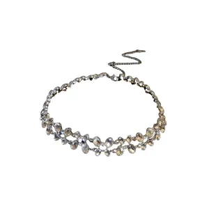 Elegant double-layer clavicle necklace with irregular oval rhinestones in silver