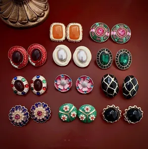 Collection of vintage French style floral and geometric enamel stud earrings