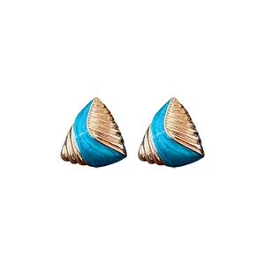 Vintage French style geometric triangle earrings with blue enamel and gold-toned texture