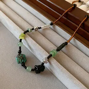New Chinese style beaded necklace with turquoise and silver flower charms