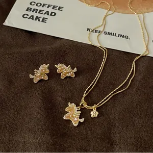 Luxury Real Gold Plated Copper Unicorn Horse Jewelry Set Zirconia Inlaid Silver Earring Post For Women Elegant Necklace Earrings