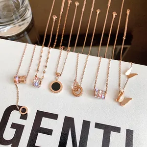 Minimalist Rose Gold Alloy Rhinestone Cylinder Pendant Necklace For Women Korean Fashion Roman Numerals Clavicle Chain Jewelry