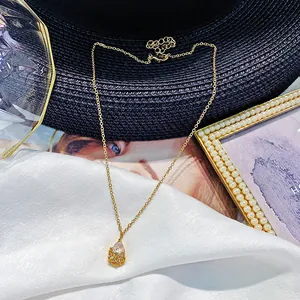 Elegant gold titanium steel necklace featuring a crystal water-drop pendant