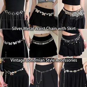 Vintage Bohemian Metal Waist Chain For Women Tassel Coin Butterfly Pearl Beaded Body Chain Adjustable Summer Beach Jewelry Belt