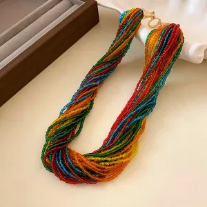 Detailed close-up of a colorful multi-layer seed bead necklace featuring a gold toggle clasp