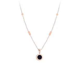 Elegant minimalist rose gold titanium steel necklace with black Roman numeral pendant