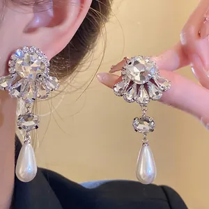Poste de Plata de Ley 925 Diamante de Imitación Flor Perla Artificial Gota de Agua Pendientes Colgantes Lujo Moda para Boda Fiesta Mujer