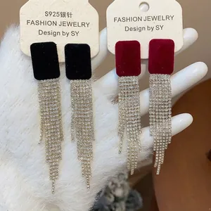 Square Velvet Flocking Rhinestone Tassel Stud Earrings With 925 Sterling Silver Post Fashion Luxury Dangle Earrings For Women