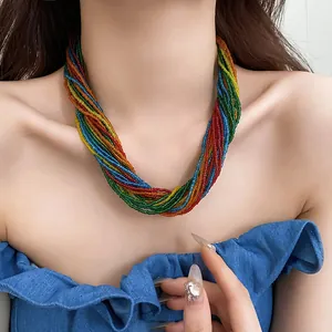 Close-up of a vibrant multi-layer colorful seed bead vintage choker necklace on model