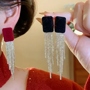 Elegant velvet square stud earrings with sparkling rhinestone tassels for women