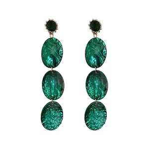 Vintage emerald green oval drop earrings with 925 silver needle posts for women