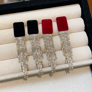 Elegant velvet square earrings with glittering rhinestone tassels in black and red