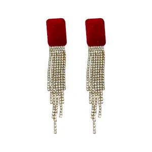 Elegant red flocked square earrings with long sparkling rhinestone tassels for women