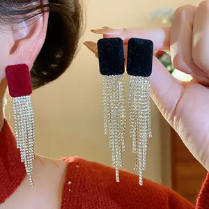 Elegant fashion earrings featuring flocked squares and cascading rhinestone long tassels