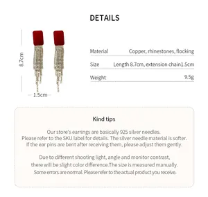 Detailed size and material specifications for red flocking rhinestone tassel earrings.