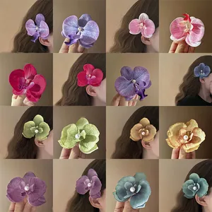 Sweet Fabric Orchid Flower Hair Clip With Artificial Pearl Elegant Floral Duckbill Clip Bangs Side Clip Fashion Women Hair Accessories