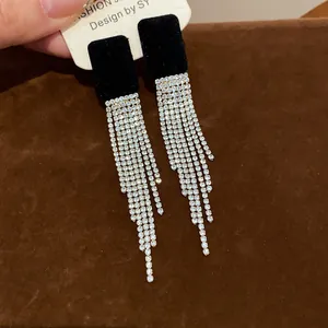Elegant black flocked square stud earrings featuring long silver rhinestone tassel chains