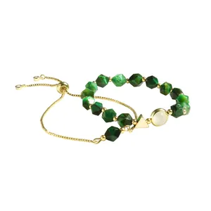 Verstellbares grünes Edelstein Armband 2er Set mit Goldkette für Damen eleganter Schmuck