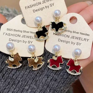Vintage Alloy Artificial Pearl Rocking Horse Stud Earrings With 925 Sterling Silver Earring Post Rhinestone Inlaid Horse Earrings For Women Jewelry