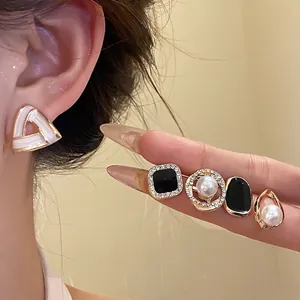 French Vintage Enamel Artificial Pearl Rhinestone Stud Earrings Silver Earring Post Elegant Geometric Water Drop Jewelry For Women