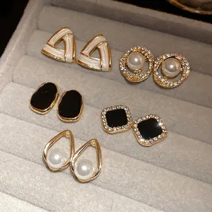 Vintage French style 5-pair earring set with pearls, rhinestones, and enamel drops