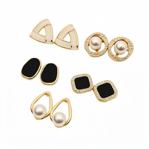 10pcs French vintage earring set with pearls, rhinestones and enamel geometric designs