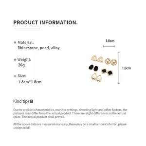 Detail view of vintage pearl rhinestone earring set with dimensions and material info.