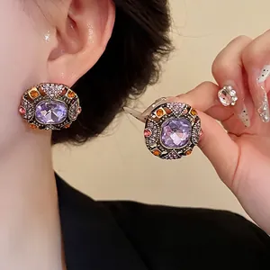 Vintage Palace Style Geometric Stud Earrings Alloy Rhinestone Purple Stone Antique Gold Earrings For Women Elegant Jewelry