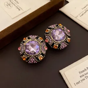 Vintage court style earrings with purple square crystal and rhinestones