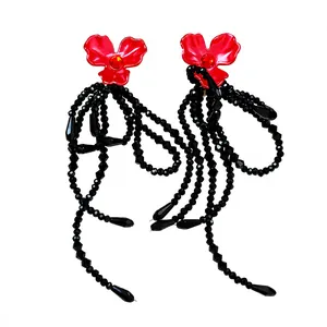 Handmade elegant red flower stud earrings featuring long black beaded tassels for women