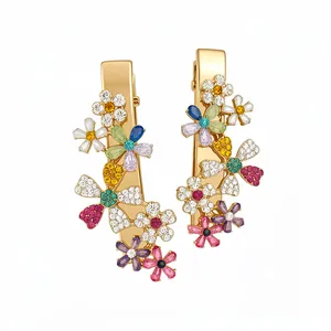 Elegant Korean style gold metal duckbill hair clips with colorful rhinestone flowers